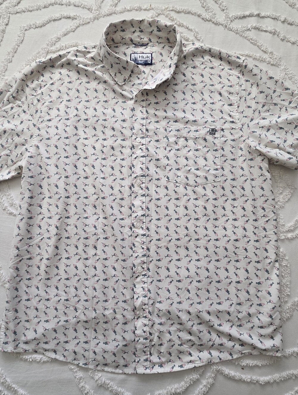 Huk Cream Short-Sleeve Button-Down Shirt with Multicolor Fish Print